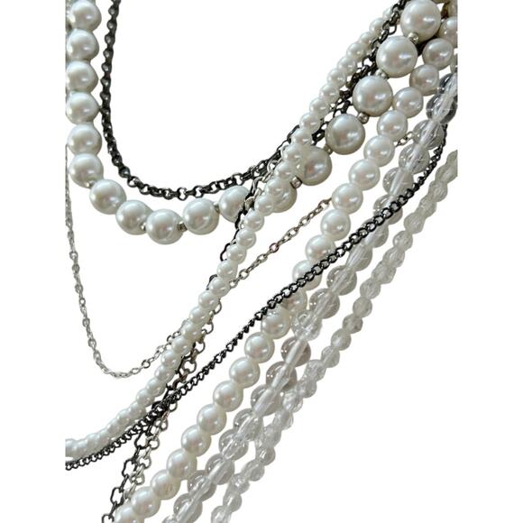 Mixed Beads Multistrand Tiered Necklace White Silvertone Pewter Oversize Lobster - Picture 5 of 7